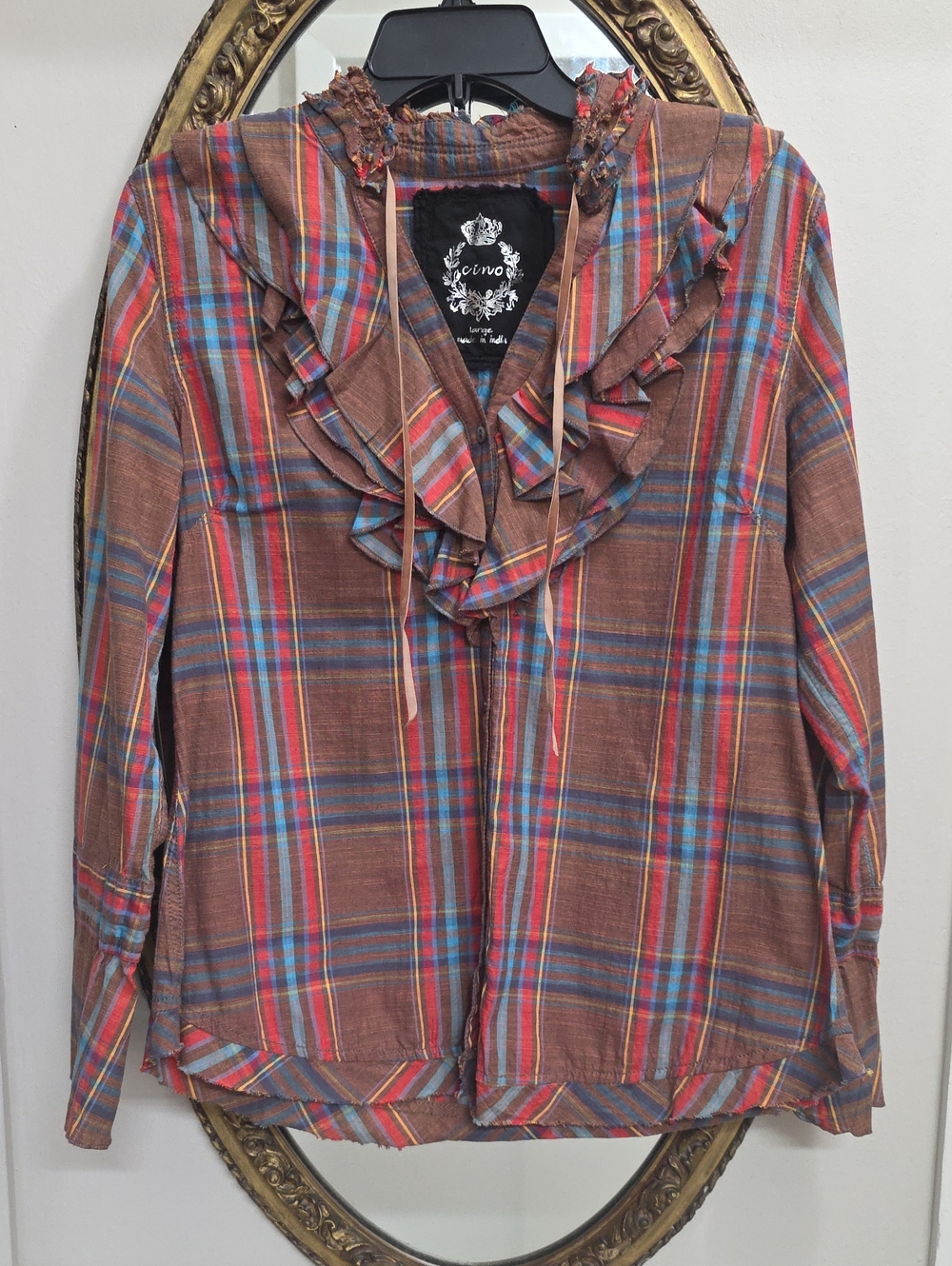 Cino Frayed Ruffle Fringe Plaid Button-Up Shirt Brown Red Blue Cotton Size Large